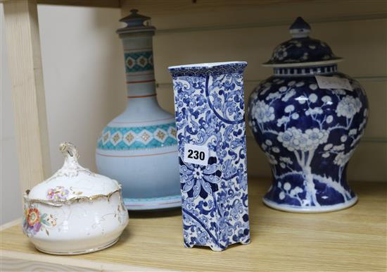 A prunus Chinese vase, a Copeland lidded vase on stand and two other items